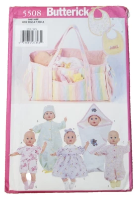 Butterick Pattern 5508 15" to 16" Baby Doll Dress Romper Bib Bunting Tote + more - Image 1 of 4