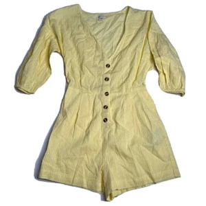 Billabong Yellow Romper S Textured Stripe Puff Sleeve Fitted Sun Valley Women's - Picture 1 of 5