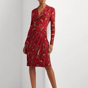 Ralph Lauren Red Paisley Faux Wrap Long Sleeve Stretch Jersey Dress Size 12 - Picture 1 of 12