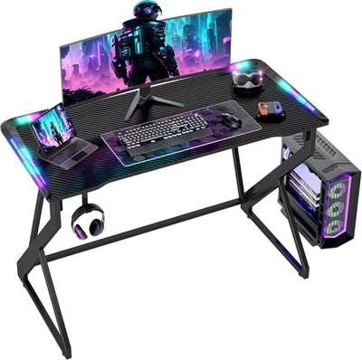 Gaming Desk with LED Lights, 40 Inch Computer Desk Z Shaped Gamer Workstation, G - Image 1 of 4