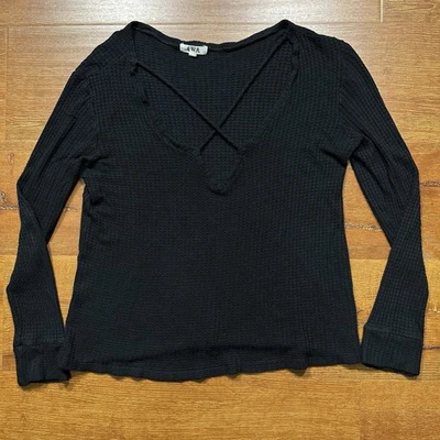 LNA Waffle Knit Top Womens S Black Long Sleeve Flannel Criss Cross Keyhole Shirt - Image 1 of 4