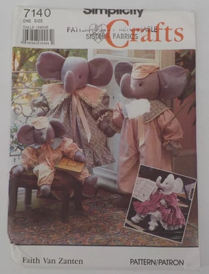 SIMPLICITY CRAFTS PATTERN #7140 SM & MED STUFFED ELEPHANTS W/ CLOTHES UNCUT 1990 - Image 1 of 4