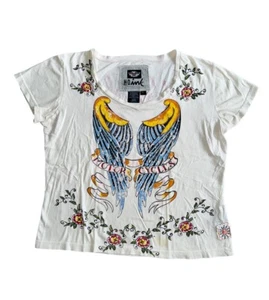 Harley Davidson HD Ink Women's White Shirt Angel Wings Graphic Flowers Sz Large - Picture 1 of 10