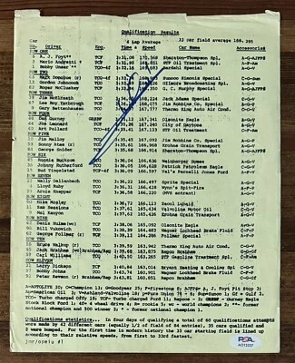 1969 Indy Indianapolis 500 Qualification Sheet SIGNED Mario Andretti PSA DNA COA - Image 1 of 4