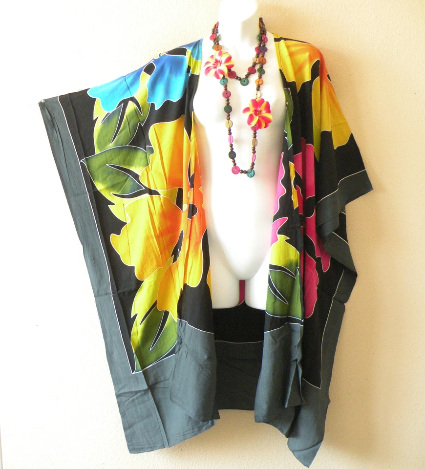 CM25 Floral Hand Painted 38" Kaftan Batik Plus Open Duster Midi Cardigan upto 5X - Image 1 of 1