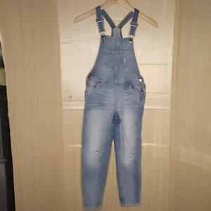 H&M Girls Light Wash Distressed Denim Overalls 8 - Picture 1 of 6