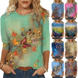 Women 3/4 Sleeve Floral Print Pullover T-shirt Top Casual Loose Crew Neck Blouse - Picture 1 of 23