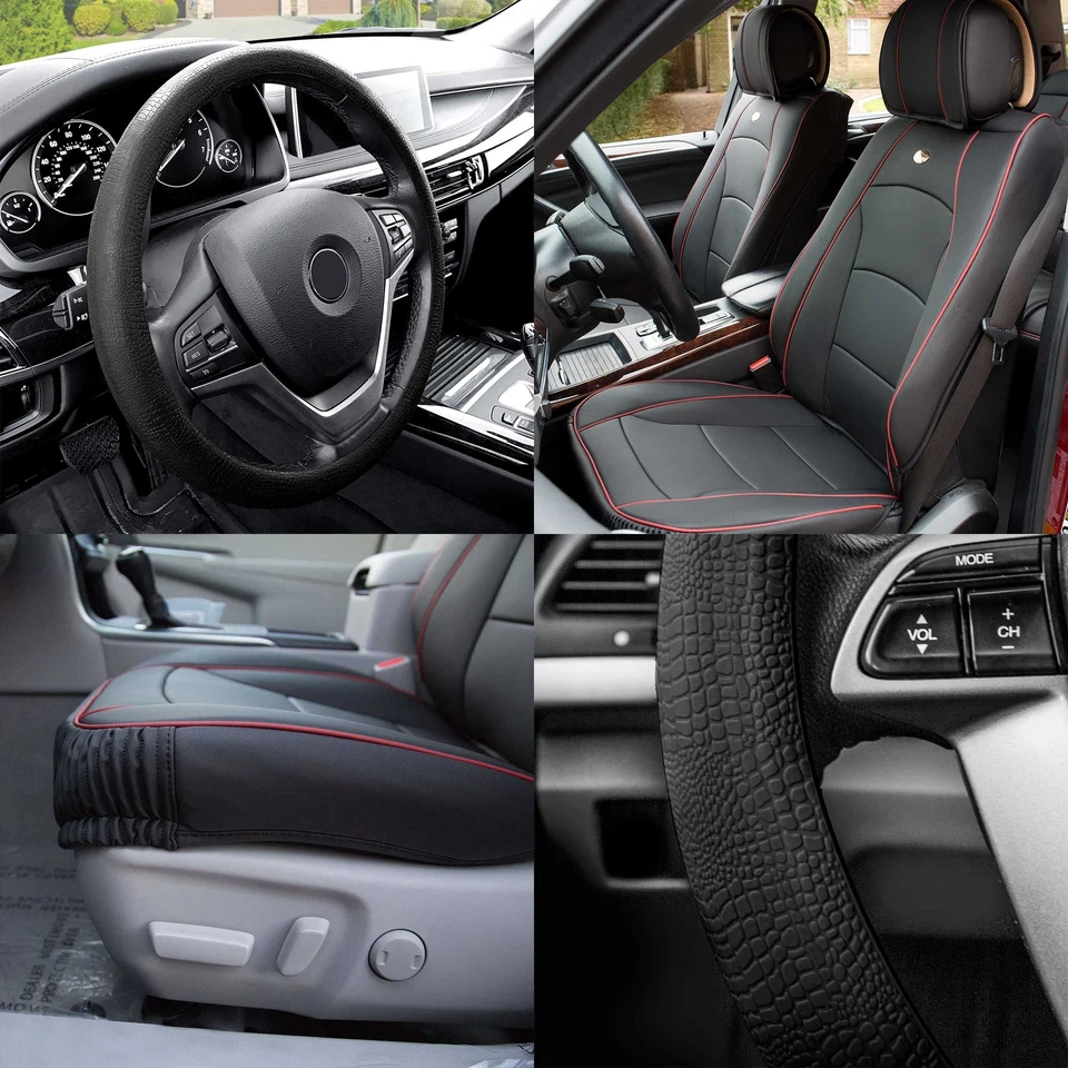 Cubierta de asiento de coche con cucharones de cuero sintético negro con cubierta de dirección negra para coche Foto 1 de 4