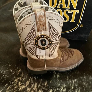 Dan Post Lil' Kite Days Western Cowboy Boots Girls 3 D Square Toe Tan White NIB - Picture 1 of 8