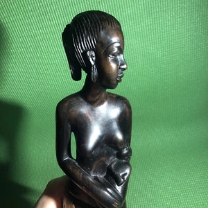 Vintage African ebony wooden carved sculpture Woman Feeding Baby statue 16”tall - Picture 1 of 10