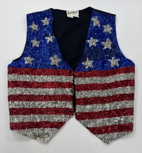 Vintage Bali Rama Patriotic Vest Womens Large Sequins USA Flag Snap Embellished - Bild 1 von 13