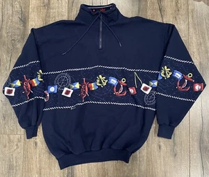 Vintage 90s Art Unlimited Nautical Sailing Theme Quarter Zip XL Crewneck Sweater - Picture 1 of 5