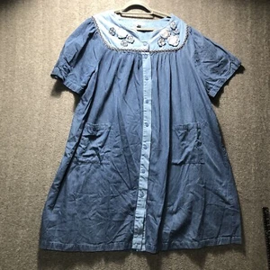 Go Softly Patio House Dress Mumu Sz 2X XXL 18 20 Jean Denim Floral Embroidered - Picture 1 of 13