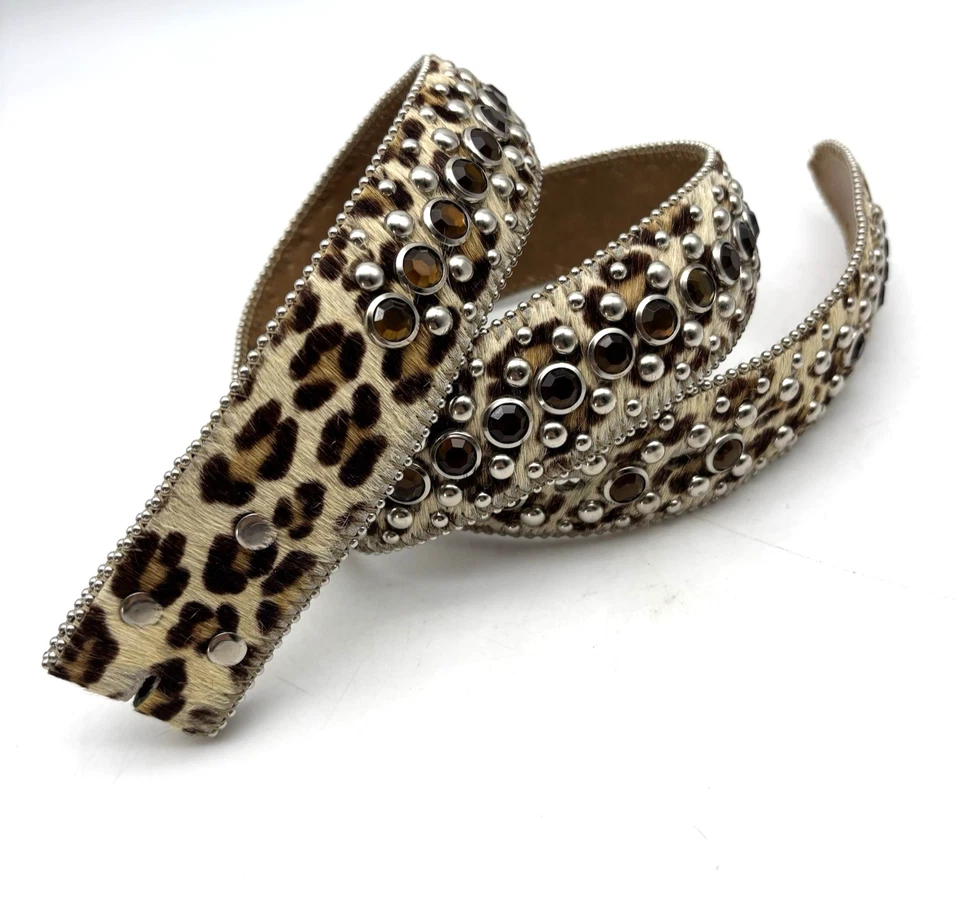 Cinturón Tachonado Vintage Años 00 Y2K Beige Estampado Leopardo Pecerro Marrón Estrás L 32" Foto 1 de 4