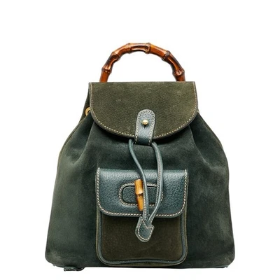 Gucci Bambú Mochila Bolso Verde Sudor Cuero Hombro De Colección Auténtico Foto 1 de 4