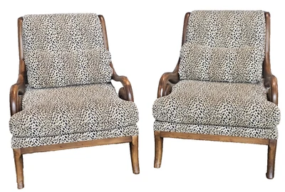 Pair of Safari Style Wooden Framed Arm Chairs with Designer Leopard Print Fabric - Image 1 of 4