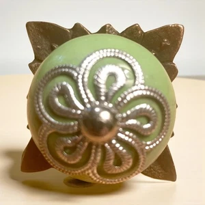Green Ceramic Metal Drawer or Cabinet Knob with Floral Design Bronze Backplate - Picture 1 of 6