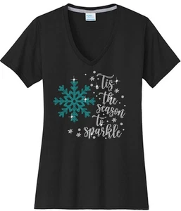 Camisa para mujer Christmas Snowflake Tis The Season cuello en V brillante brillante - Imagen 1 de 11