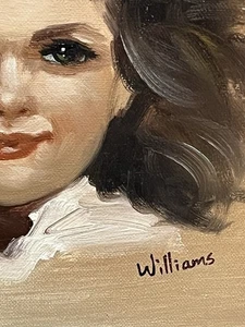 Vintage Ölgemälde Portrait JUNGES MÄDCHEN auf Leinwand 15x17 gerahmt signiert Williams - Bild 1 von 9