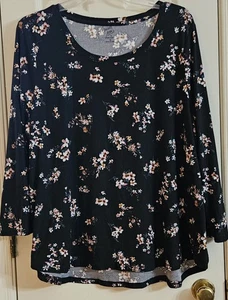 Sweet Teas By Pink Rose Floral on Black Tunic Poly/Spandex Blend Sz 3X - Picture 1 of 4