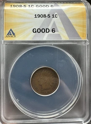 1908-S Indian Head Cent Penny 1C ~ San Francisco ~ ANACS G06 Nice Coin PQ - Image 1 of 4