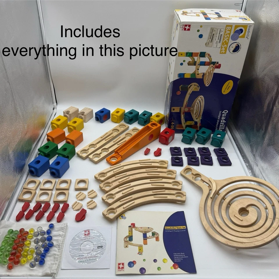 Hape Quadrilla Wooden Marble Run Construction BASIC SET COMPLETE  + Extra Pieces - Image 1 of 4