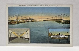 The Bridge, Tunnel and Ferry Detroit Michigan to Windsor Canada Vintage Postcard - Picture 1 of 2