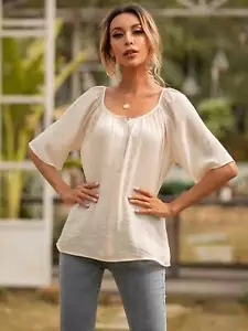 Button Gathered Summer Blouse,L - Picture 1 of 5