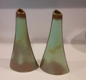 Vintage Frankoma Pottery #41 Triangular Bud Vase X2 Prairie Green NOTE - Picture 1 of 10