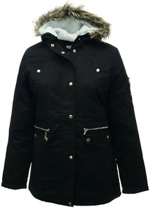 Womens Plus Size Warm Quilt Lined Black Parka Coat Fleece Lined Hood Jacket - Picture 1 of 2