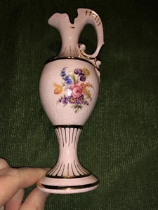 Vintage Handmade Keramika Ceramic Bud Vase Pitcher Floral Pink/Gold - Picture 1 of 4