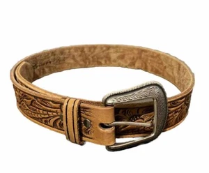 Vintage K Mart Leather Belt Youth Sz L (28-30) Brown Metal Etched Western Buckle - Picture 1 of 8