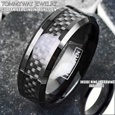 Personalized Engraved Black Tungsten Carbide Men's Ring Black Carbon Fiber Band - Image 1 of 4