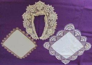 19C. ANTIQUE SET OF THREE CROCHET DOILY LADIES COLLAR & SILK DOILIES w/LACE - Picture 1 of 12