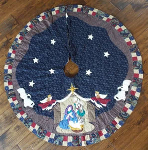 Nativity Blue Cotton Vtg Blue Christmas Tree Skirt - Picture 1 of 5