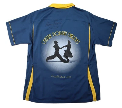VTG Hilton USA L SIGNED Cherry Poppin Daddies Bowling Button Up T Shirt Top Blue - Image 1 of 4