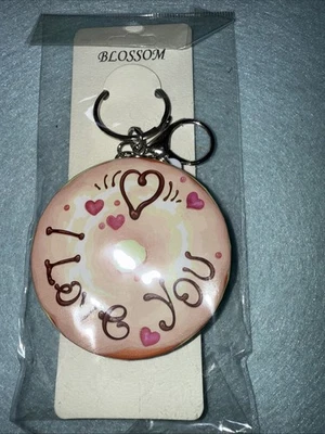 Blossom Double Sided Mirror Purse Charm/Keychain Silver Tone Pink Donut Shape - Image 1 of 4