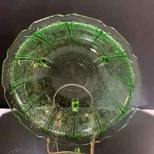 Vintage Bowl Cherry Blossom Green Footed 10 1/2 in Jeannette Glass Glows - Picture 1 of 8