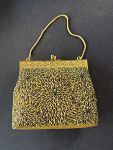 Vintage 50s Starburst Gold & Black Microbeaded Starburst Hand Bag w/ Gold Clasp - Bild 1 von 13