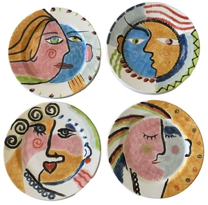 12 Vtg 1990s Abstract Face Dinner Plates Bella Casa Ganz Hand Painted 11 in HTF - Picture 1 of 14