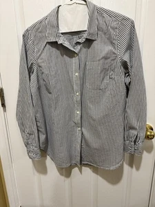 Old Navy Womens Classic Shirt Navy Blue Stripe Button Up Long Sleeve Lightweight - Picture 1 of 15