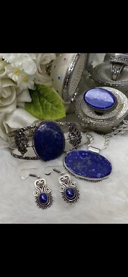💝925 RÉAL Lapis 银项链、耳环、袖口、戒指/8.5 — 第 1/4 张图片