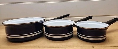 Vintage German Seigwerk Enamel Saucepan Set  Blue White  Mid Century  Nos - Image 1 of 4