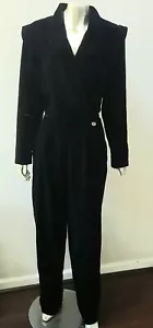 VTG VELVET BOHO WRAP SIDE BUTTON SPACE AGE SHOULDERS 80S 90S JUMPSUIT TAPERED 16 - Picture 1 of 8