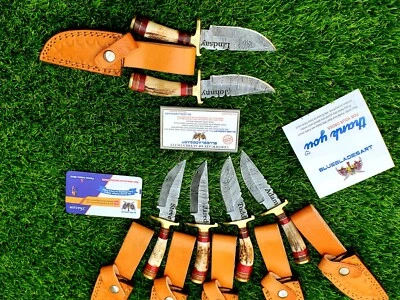 Personalized Set of 6 Groomsmen Damascus Steel Hunting knife Handle Deer Antler - Image 1 of 4