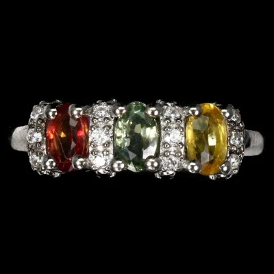 925 Anello Argento Sterling Ovale Zaffiro Multicolore Naturale Gemma Gioielli - Immagine 1 di 4