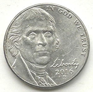 2016 P Jefferson Mont. Nickel Die Chip Obverse "Liberty" Circ Wt 4.96g ID N25 - Picture 1 of 4