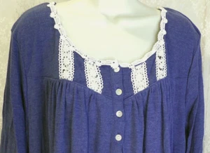 EILEEN WEST 2X Long Cotton/Poly Nightgown long sleeve Gown Pockets Blue/Ivory NW - Picture 1 of 7