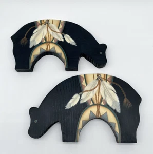 Set 2 Hand Painted Wood Black Bear Wall Hanging Southwest Tribal Design Feathers - Picture 1 of 10