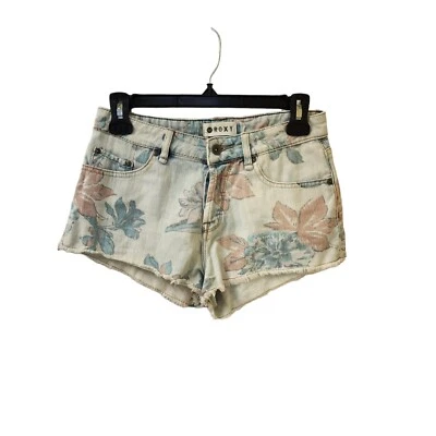 Roxy Light Blue Floral Jean Shorts Size 25 Button Fly Mid Rise Raw Hem - Image 1 of 4